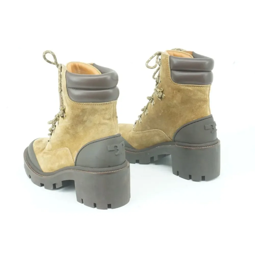 Tory Burch Suede Hiker High Heel Ankle Boots Size 7 Lug Logo $440 Lace Up